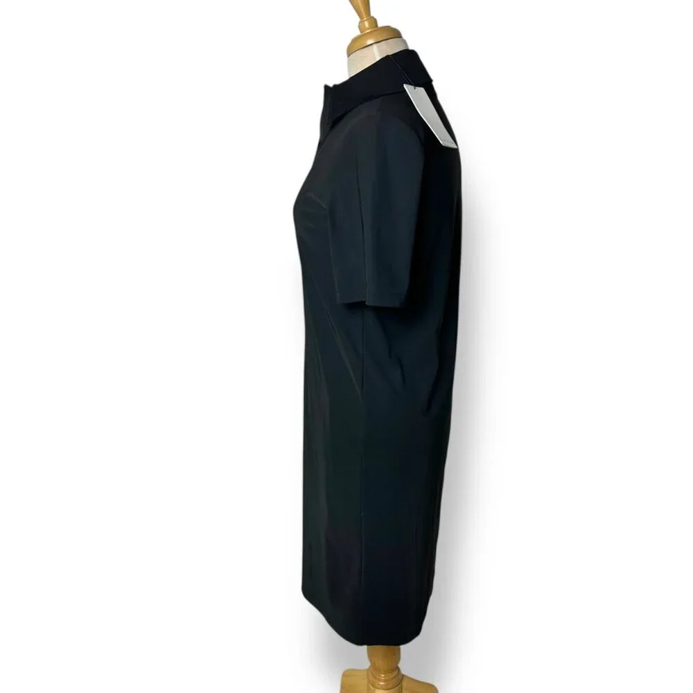 NWT SHAN Women's Black Lycra Polo Dress V-Neck Knee Length Short Sleeve Sz 02
